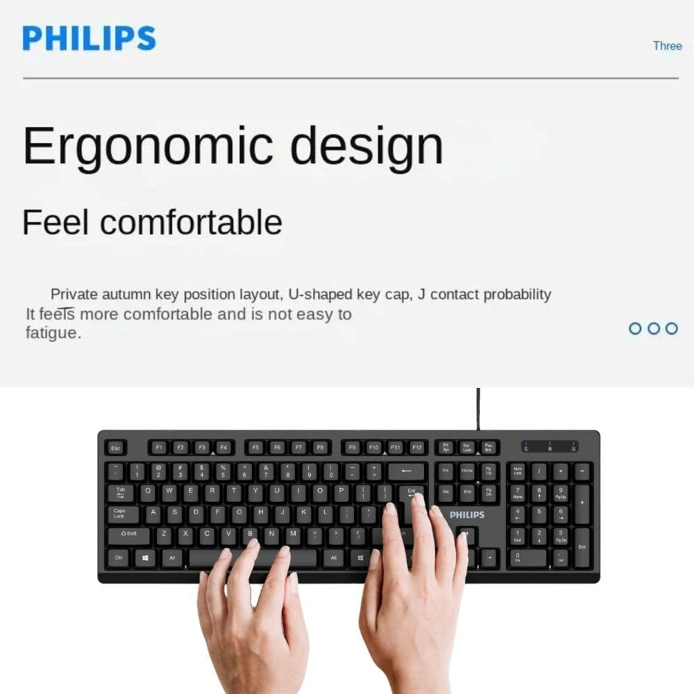 Philips USB Keyboard for Home or Office - 104/105 Quiet-Click Keys, Ergonomic, Low-Profile SPK6234