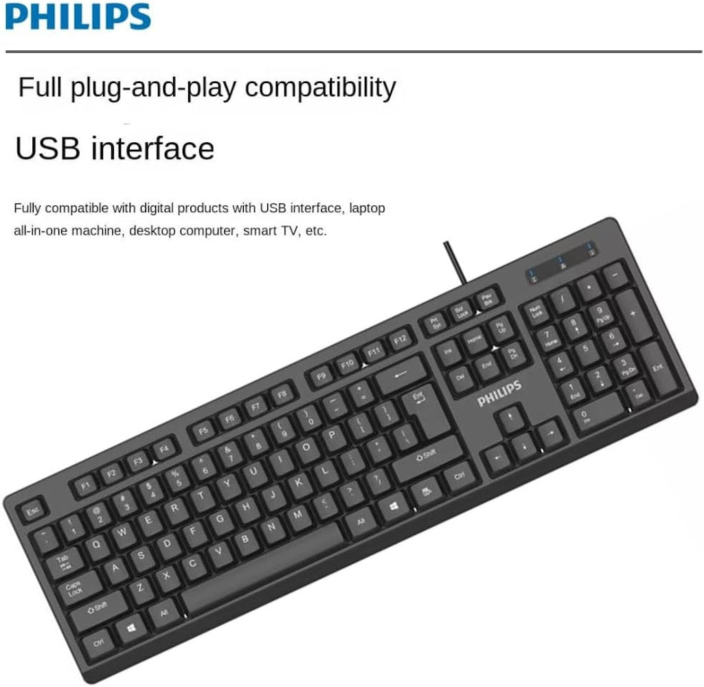 Philips USB Keyboard for Home or Office - 104/105 Quiet-Click Keys, Ergonomic, Low-Profile SPK6234