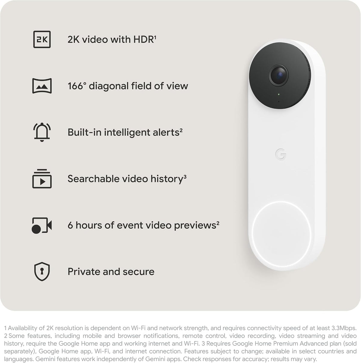 Google - Nest Doorbell (wired, 3rd gen) - Latest Model - 2K Video and Gemini - Snow GA09967-US