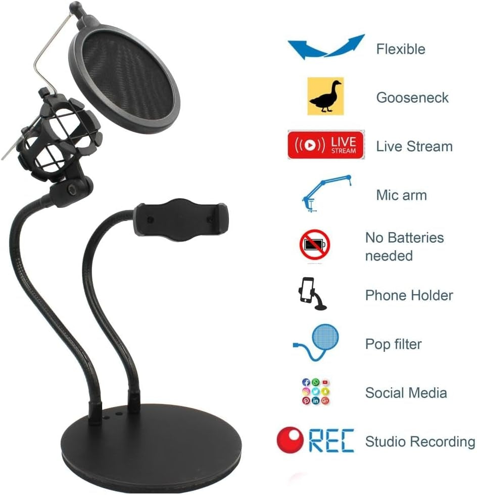 Technical Pro 2-in-1 Gooseneck Phone Holder with Microphone Shock Mount Holder & Microphone Pop Filter Flexible Mic Arm