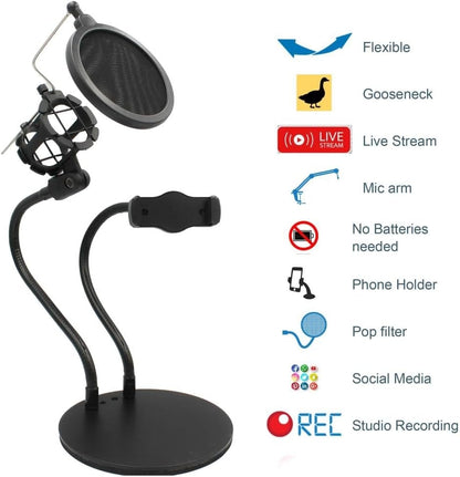 Technical Pro 2-in-1 Gooseneck Phone Holder with Microphone Shock Mount Holder & Microphone Pop Filter Flexible Mic Arm