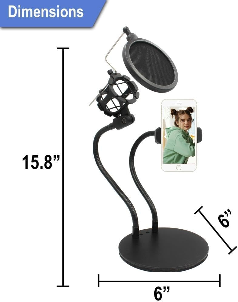 Technical Pro 2-in-1 Gooseneck Phone Holder with Microphone Shock Mount Holder & Microphone Pop Filter Flexible Mic Arm