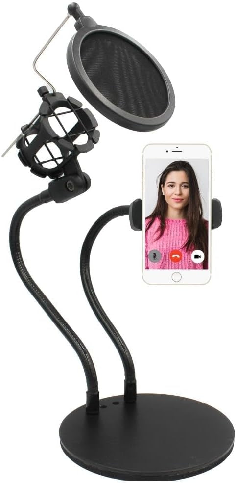Technical Pro 2-in-1 Gooseneck Phone Holder with Microphone Shock Mount Holder & Microphone Pop Filter Flexible Mic Arm