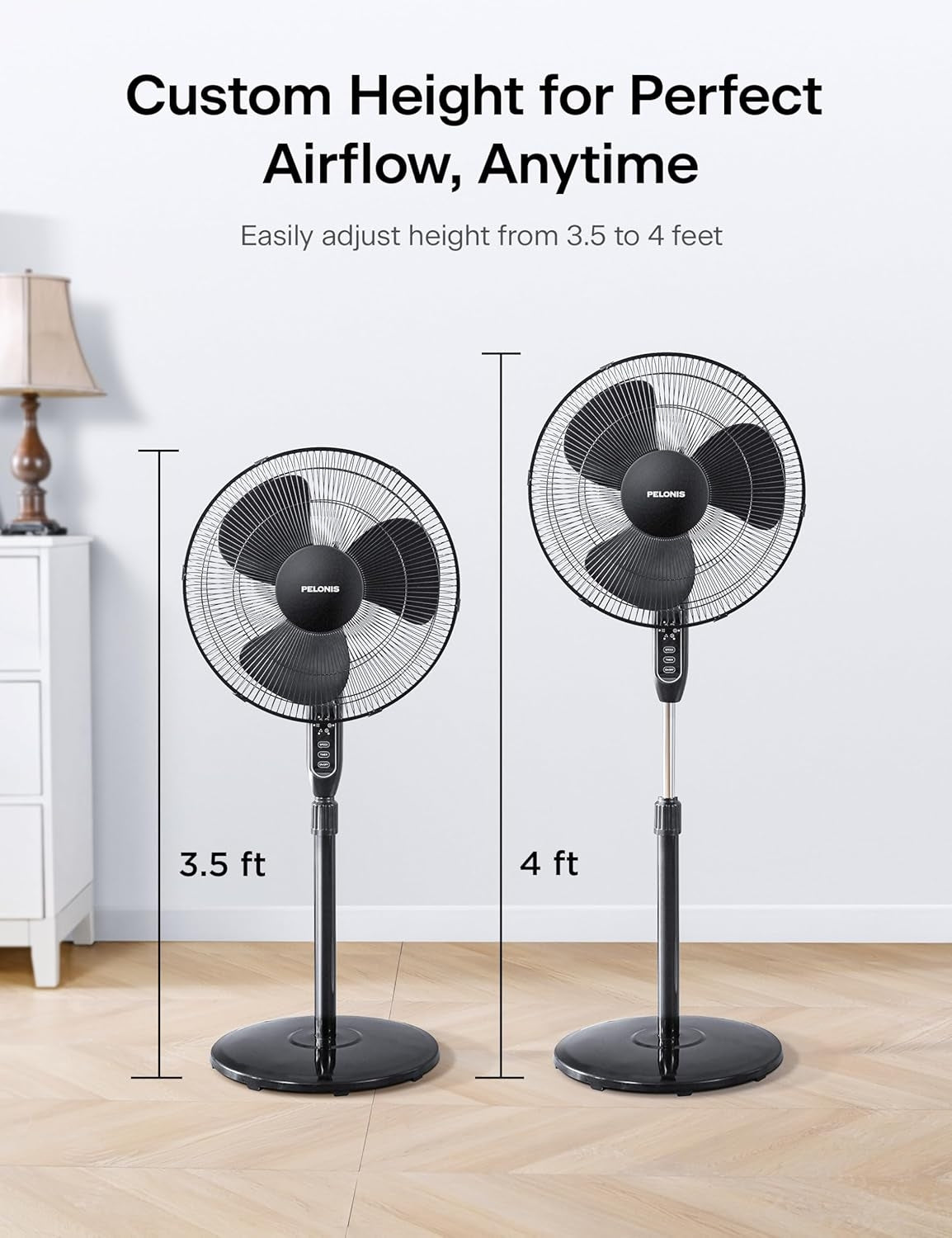 Pelonis 16 Pedestal Remote Control Oscillating Stand Up Fan 7-Hour Timer 3-Speed and Adjustable Height Black PFS40A4BBB