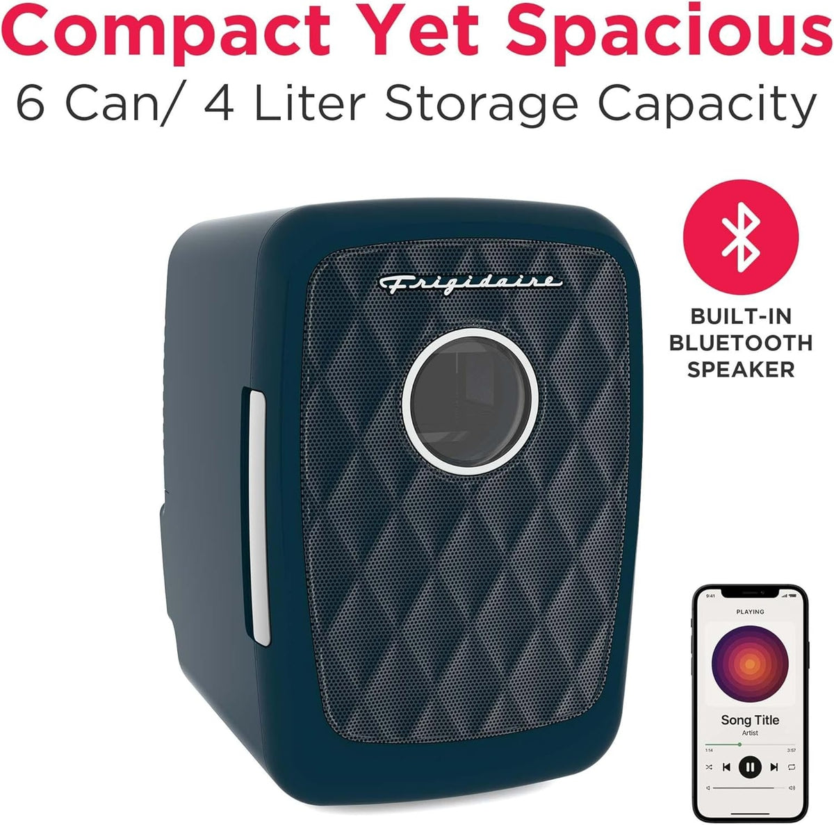 Frigidaire 9-Can/6L Retro Mini Refrigerator with Bluetooth Blue EFMIS176-AZURE, Includes 110V home power cord & 12V DC car adapter