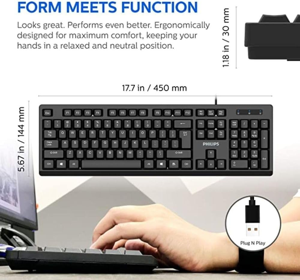 Philips USB Keyboard for Home or Office - 104/105 Quiet-Click Keys, Ergonomic, Low-Profile SPK6234