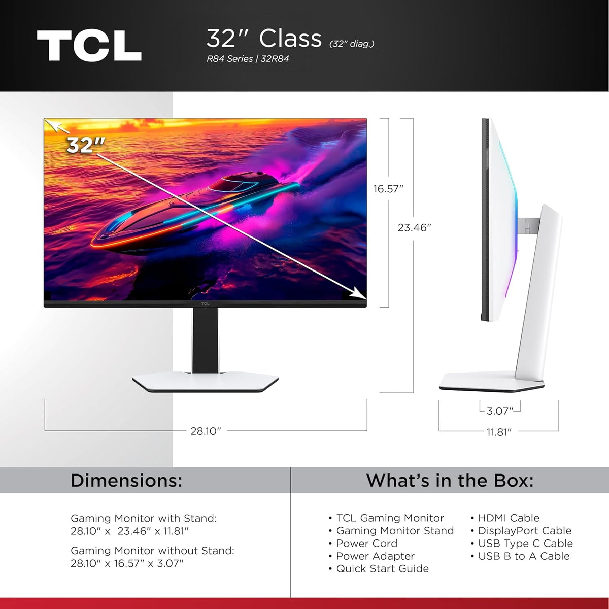 TCL 32" R84 Series 4K UHD HDR QD-Mini LED 1ms Gaming Monitor Black & White 32R84