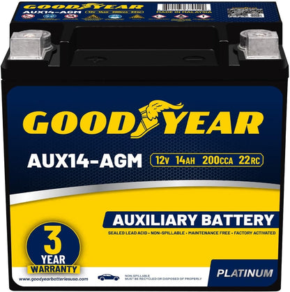 Goodyear AUX14-AGM BCI Group Size 400 12V 14 AH, 20RC, 200 CCA Platinum series Rechargeable AGM Maintenance Free Auxiliary Battery