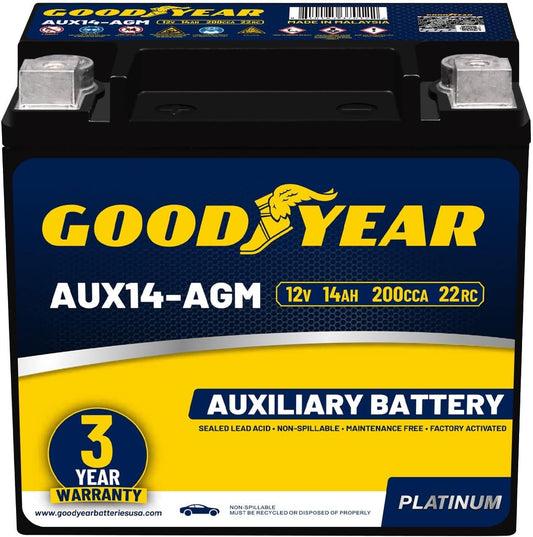 Goodyear AUX14-AGM BCI Group Size 400 12V 14 AH, 20RC, 200 CCA Platinum series Rechargeable AGM Maintenance Free Auxiliary Battery