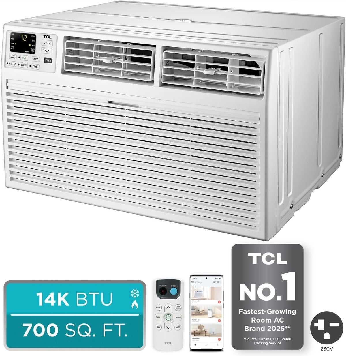 TCL 14,000 BTU (DOE) 230V Through-the-Wall Air Conditioner Cools 700 sq. ft., Remote and Wi-Fi H14T9XH