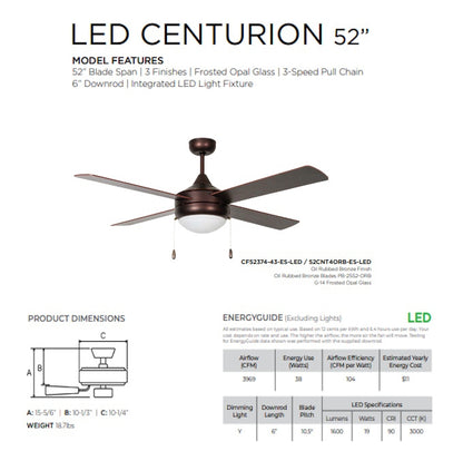 Luminance Concord Fans Centurion Ceiling Fan Downlight Oil Rubbed Bronze Finish 52CNT4ORB-ES-LED