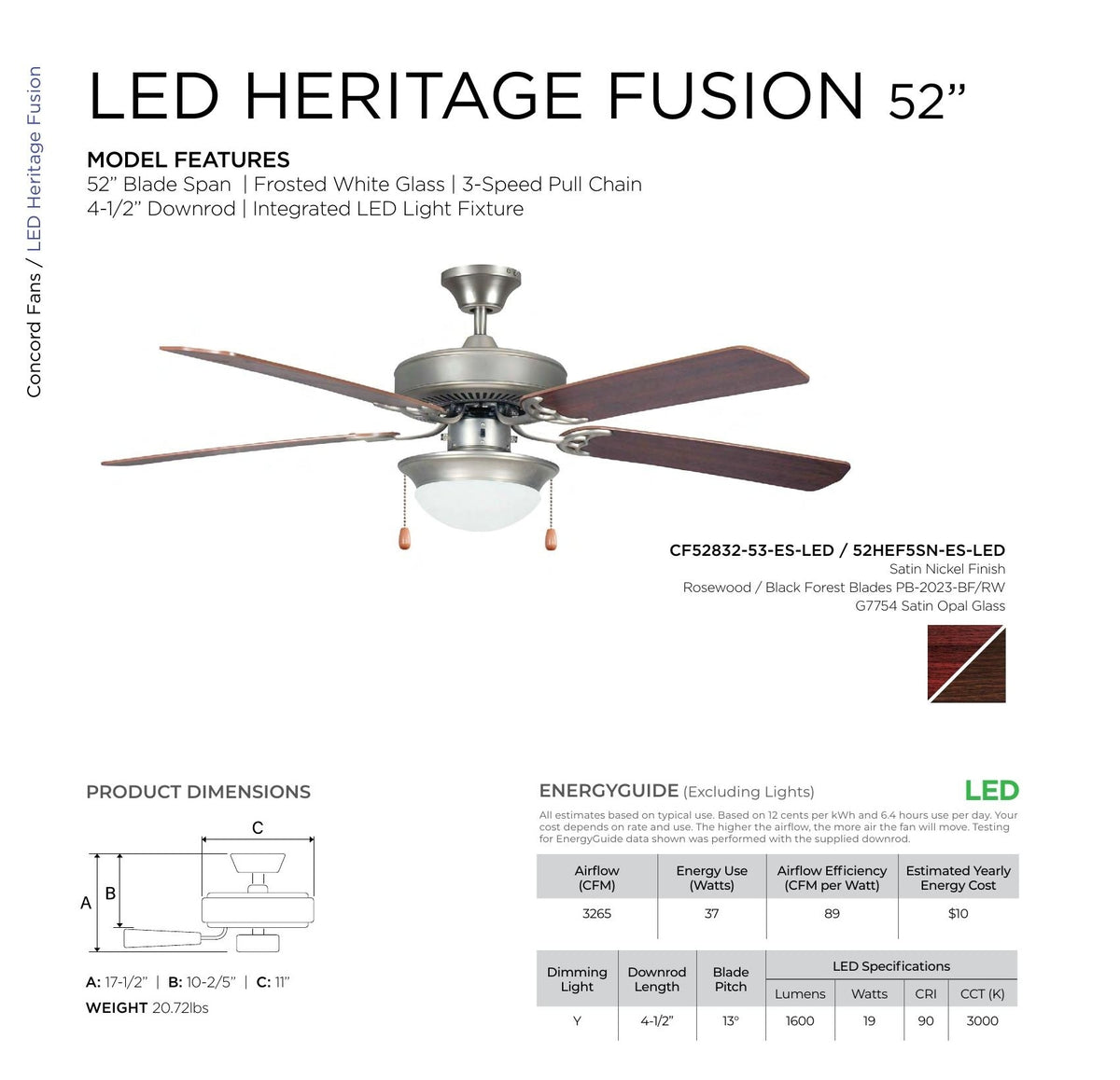 Luminance Concord 52" Heritage Fusion Ceiling Fan Dimmable 52HEF5SN-ES-LED