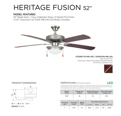 Concord Heritage Home 52" Satin Nickel LED Indoor Ceiling Fan Light Kit 5-Blade 52HEF5SN-MB-LED