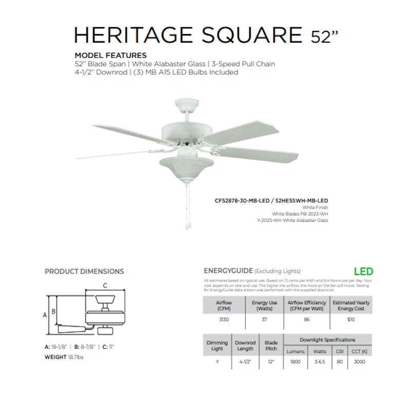Concord Heritage Square 52" White LED Indoor Ceiling Fan Light 5-Blade 52HES5WH-MB-LED