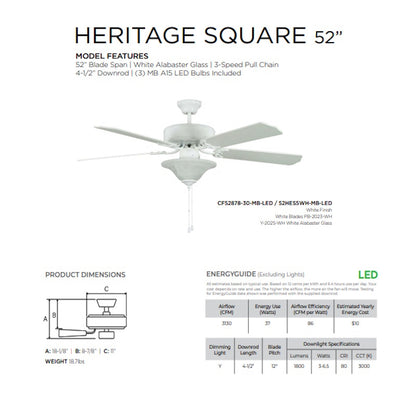 Concord Heritage Square 52" White LED Indoor Ceiling Fan Light 5-Blade 52HES5WH-MB-LED