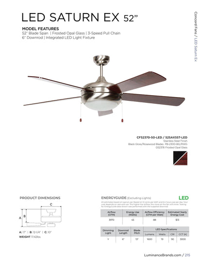 Concord Fans Ceiling Fan, Black Gloss/Rosewood Gloss - 52SAX5ST-LED