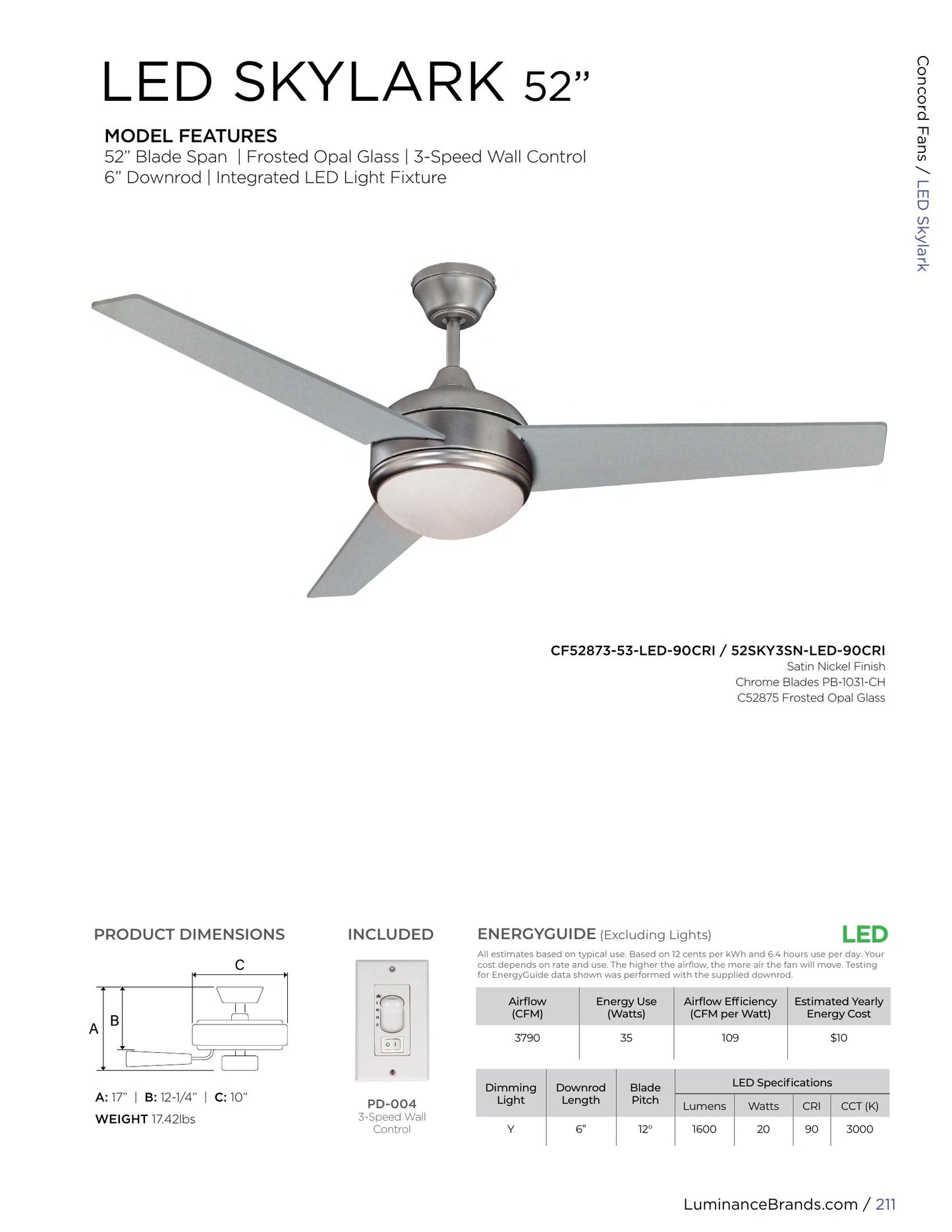 Concord Skylark 52" Satin Nickel Indoor Ceiling Fan w/ Light Kit 3-Blade 52SKY3SN-LED-90CRI
