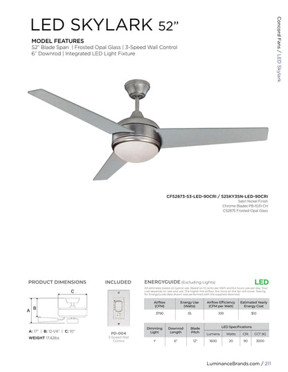 Concord Skylark 52" Satin Nickel Indoor Ceiling Fan w/ Light Kit 3-Blade 52SKY3SN-LED-90CRI
