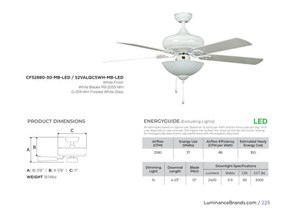 Concord Valore 52" White LED Indoor Ceiling Fan w/ Light 5-Blade 52VALQC5WH-MB-LED