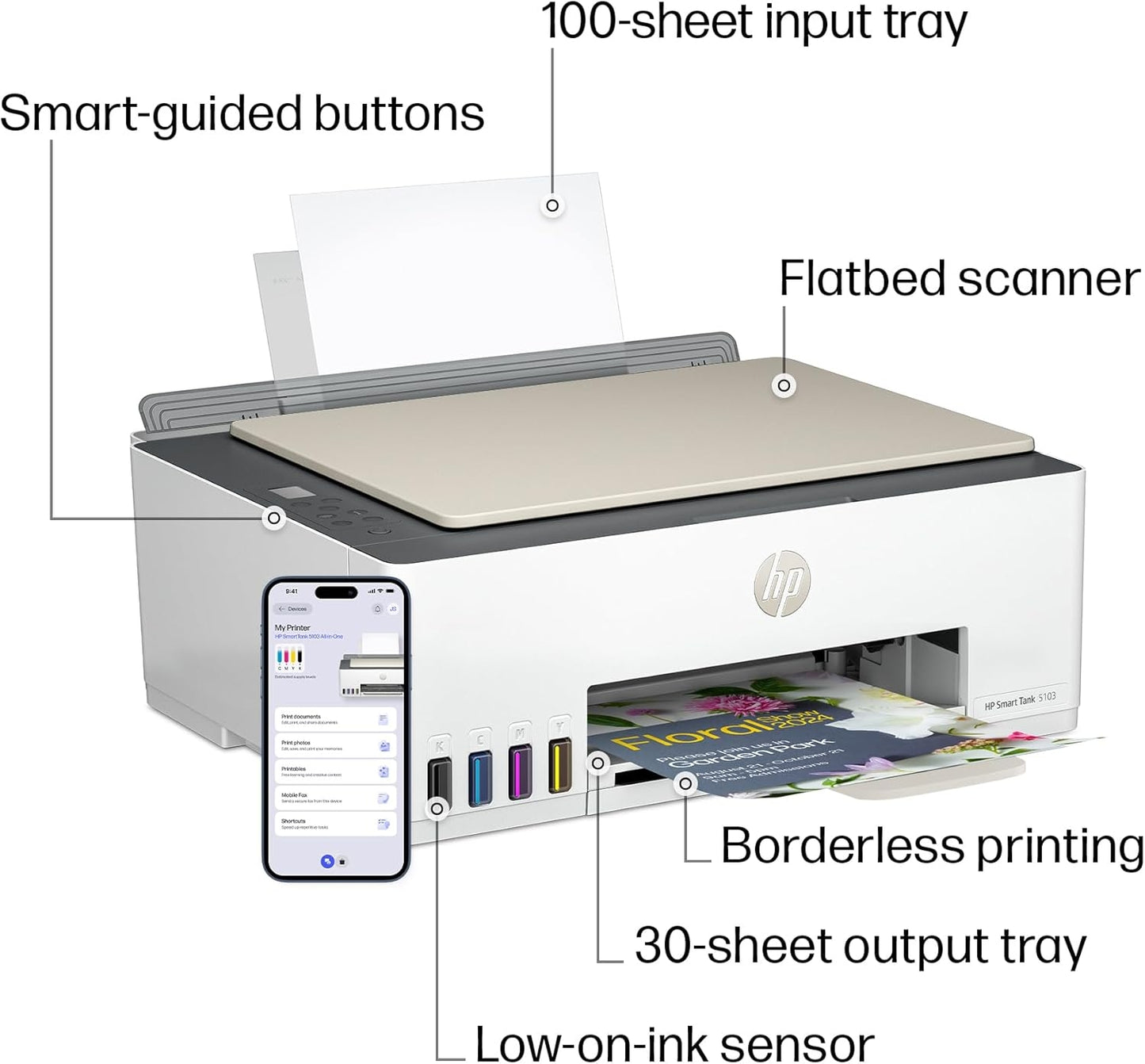 HP - Smart Tank 5103 Wireless AI-Enabled AiO Supertank Inkjet Printer w/ 100 Sheets of Photo Paper - White