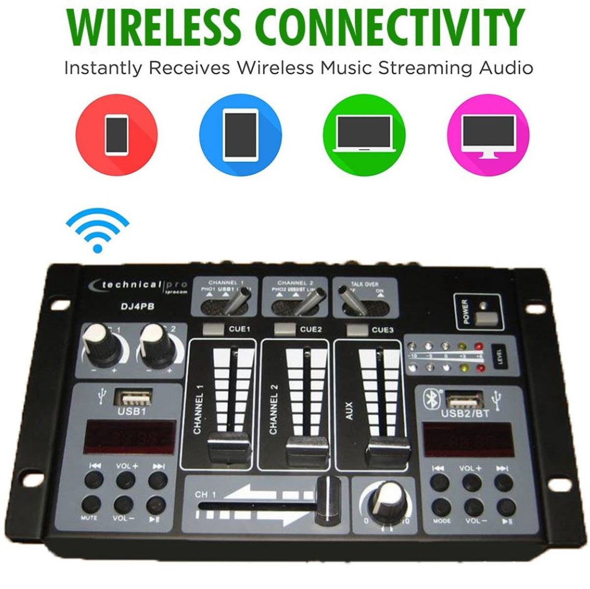 Technical Pro Professional 2 Channel USB Bluetooth DJ Mixer Controller with Inputs AUX, 2 USB, Microphone DJ4PB