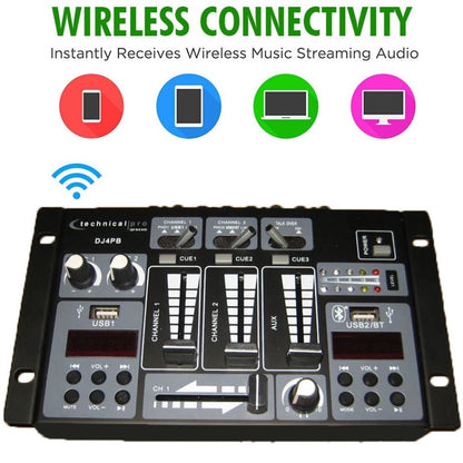 Technical Pro Professional 2 Channel USB Bluetooth DJ Mixer Controller with Inputs AUX, 2 USB, Microphone DJ4PB