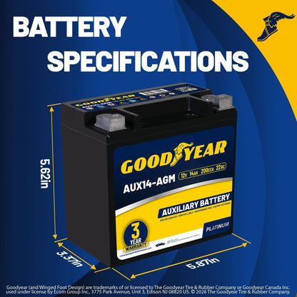 Goodyear AUX14-AGM BCI Group Size 400 12V 14 AH, 20RC, 200 CCA Platinum series Rechargeable AGM Maintenance Free Auxiliary Battery