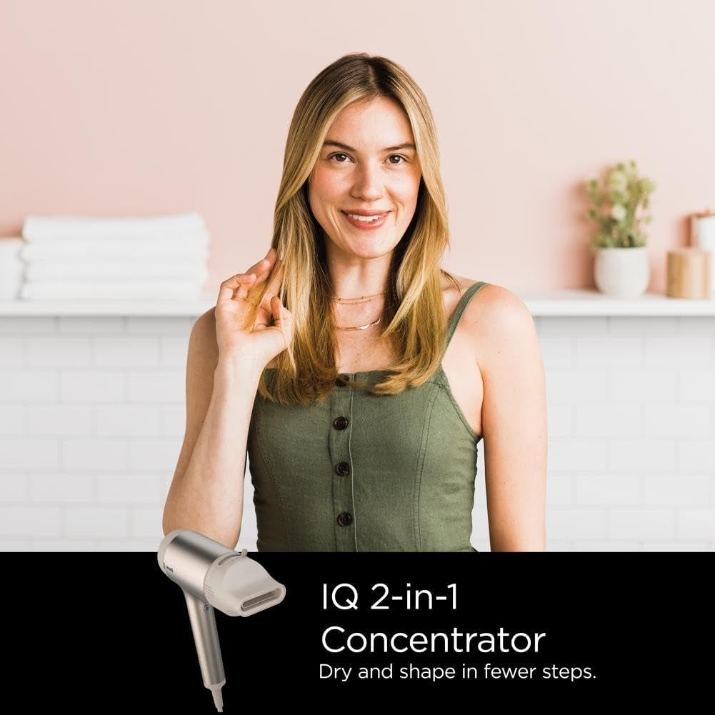 Shark HD113BRN Hair Blow Dryer HyperAIR Fast-Drying with IQ 2-in-1 Concentrator and Curl-Defining Diffuser Attachments, Stone