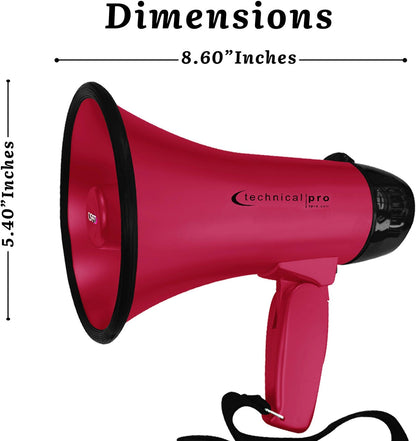 Technical Pro Lightweight Portable Pink and Black Megaphone Bullhorn 300M Range with Strap