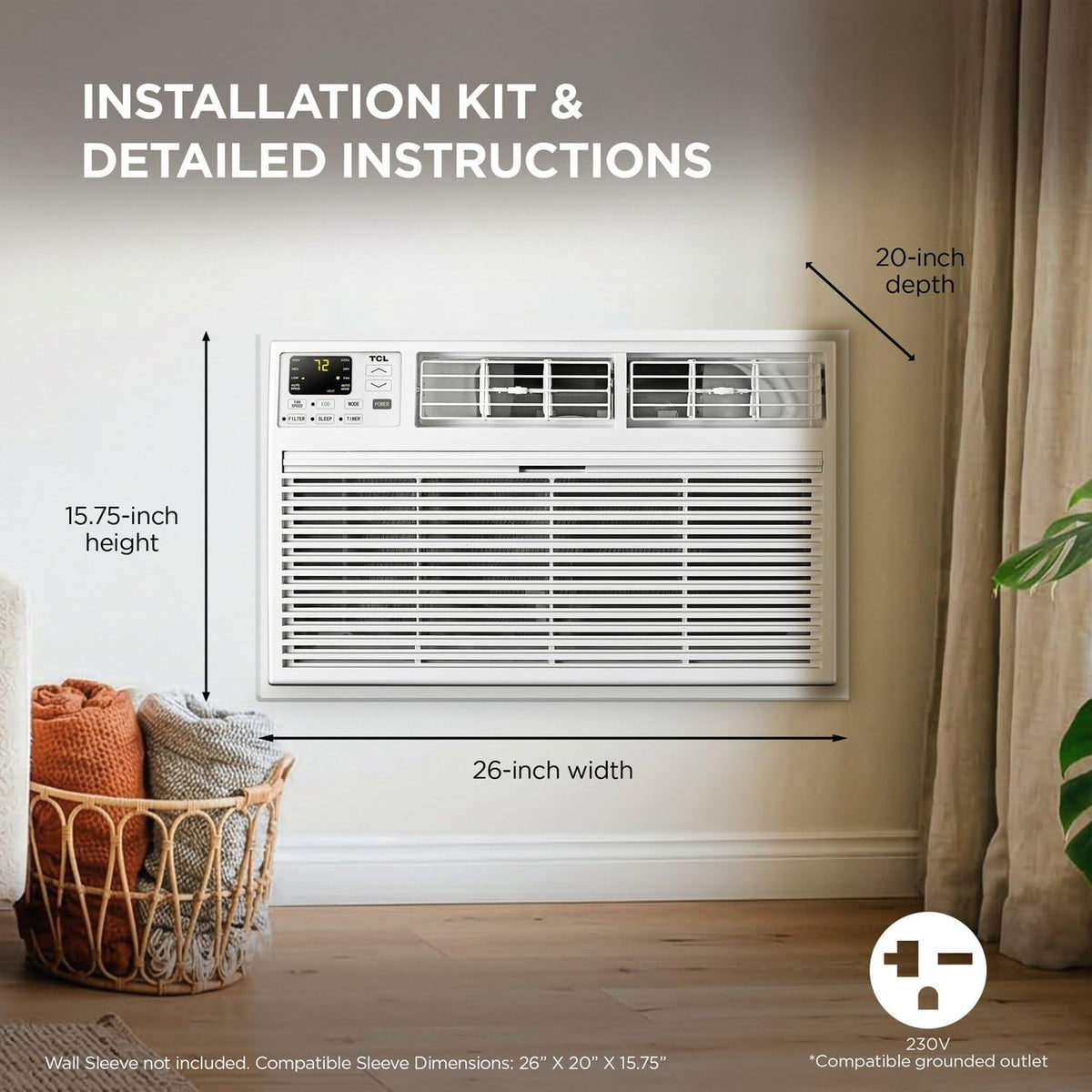 TCL 14,000 BTU (DOE) 230V Through-the-Wall Air Conditioner Cools 700 sq. ft., Remote and Wi-Fi H14T9XH