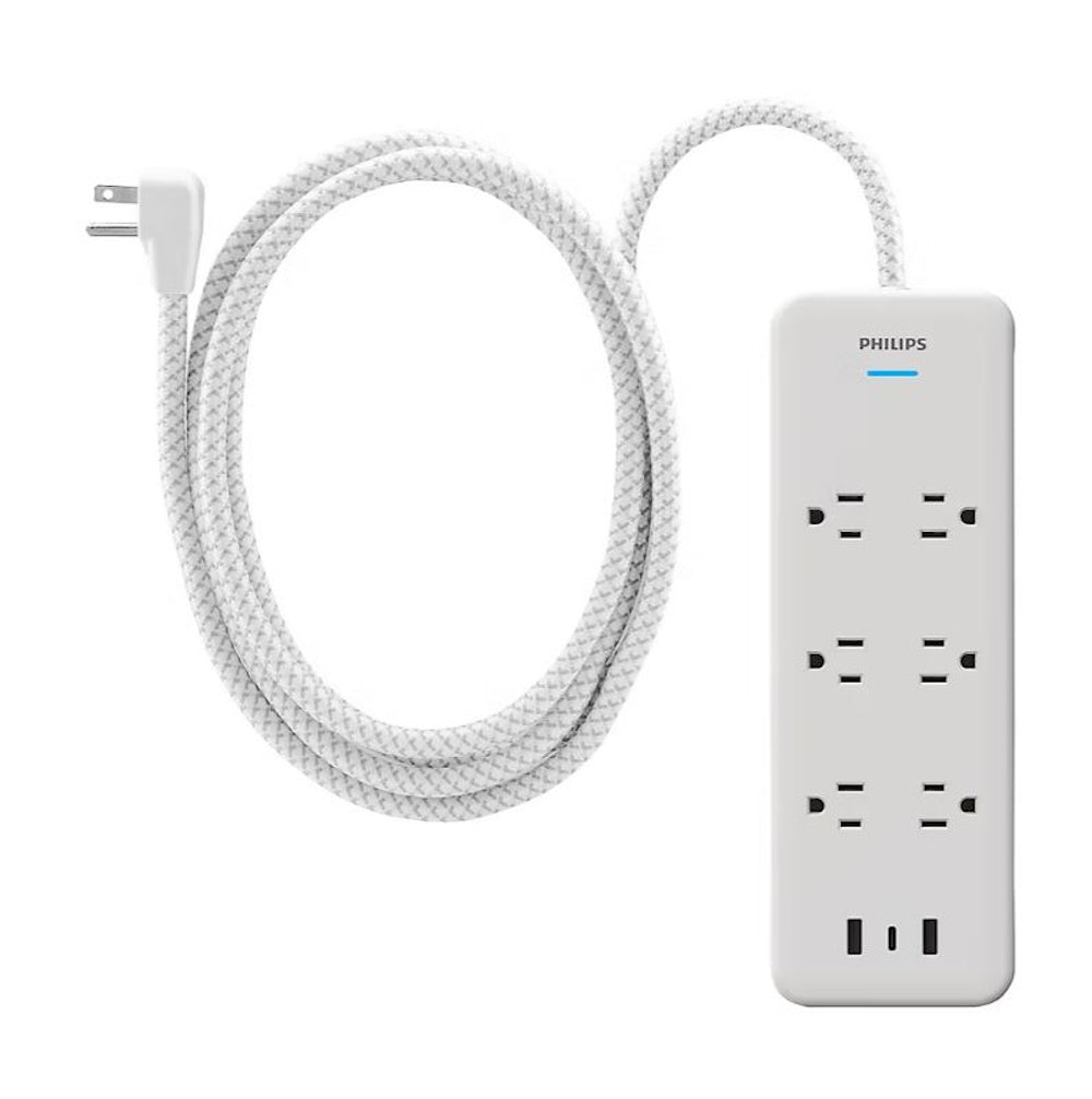Philips 6-Outlet Surge Protector, 2 USB-A, 1 USB-C, 6' and 3-Outlet Power Strip, 6' White, 2 pk. SPP3423W/37-T1-DI1
