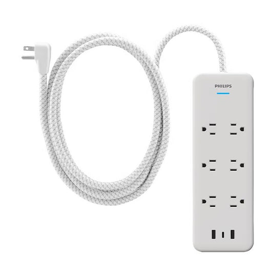 Philips 6-Outlet Surge Protector, 2 USB-A, 1 USB-C, 6' and 3-Outlet Power Strip, 6' White, 2 pk. SPP3423W/37-T1-DI1