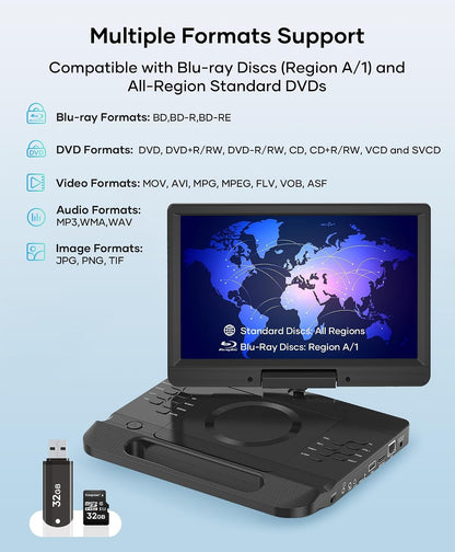FANGOR 12’’ Portable Blu Ray Player with 1080P Full HD Swivel Screen F-BR114