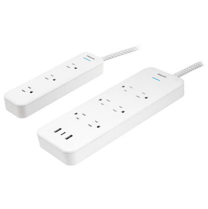 Philips 6-Outlet Surge Protector, 2 USB-A, 1 USB-C, 6' and 3-Outlet Power Strip, 6' White, 2 pk. SPP3423W/37-T1-DI1