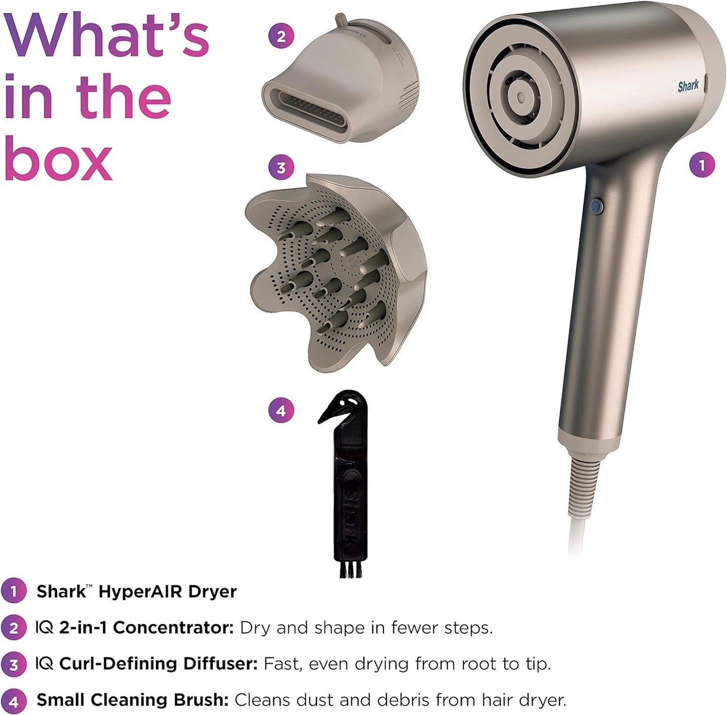 Shark HD113BRN Hair Blow Dryer HyperAIR Fast-Drying with IQ 2-in-1 Concentrator and Curl-Defining Diffuser Attachments, Stone