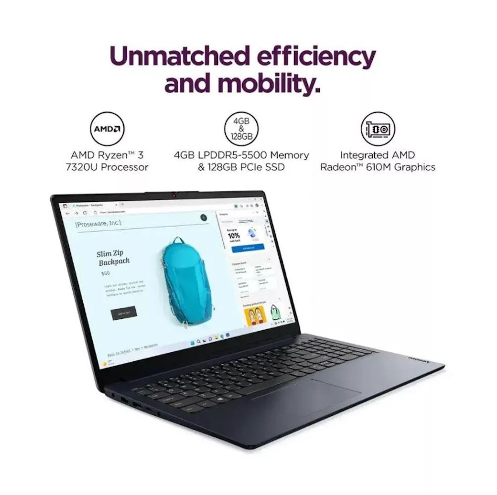 Lenovo IdeaPad 1 15.6" Full HD Laptop, AMD Ryzen 3 7320U, 4GB RAM, 128GB SSD, Win 11 Home in S Mode 82VG00R2US