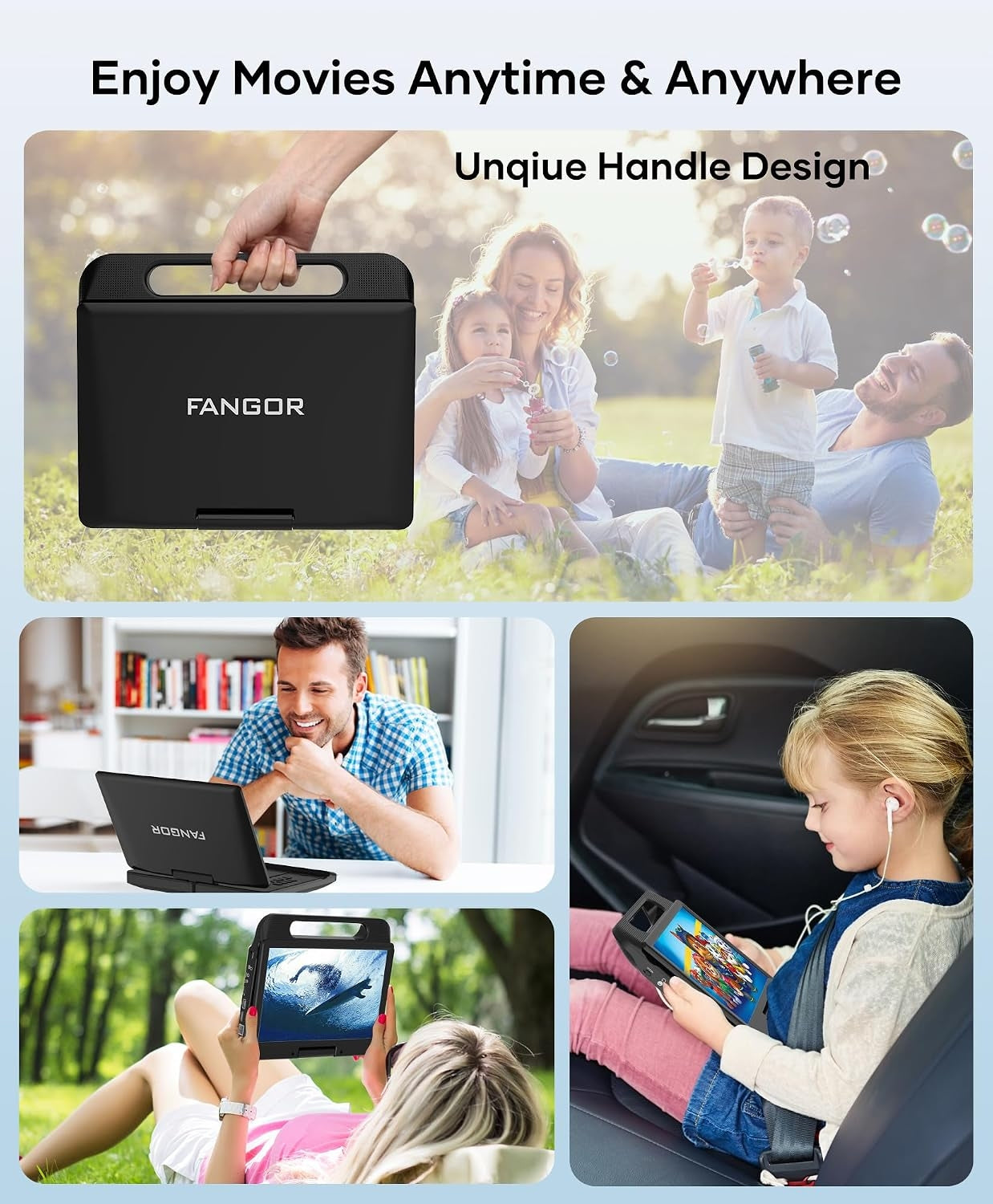 FANGOR 12’’ Portable Blu Ray Player with 1080P Full HD Swivel Screen F-BR114