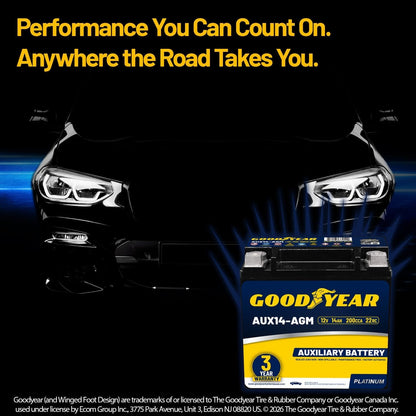Goodyear AUX14-AGM BCI Group Size 400 12V 14 AH, 20RC, 200 CCA Platinum series Rechargeable AGM Maintenance Free Auxiliary Battery