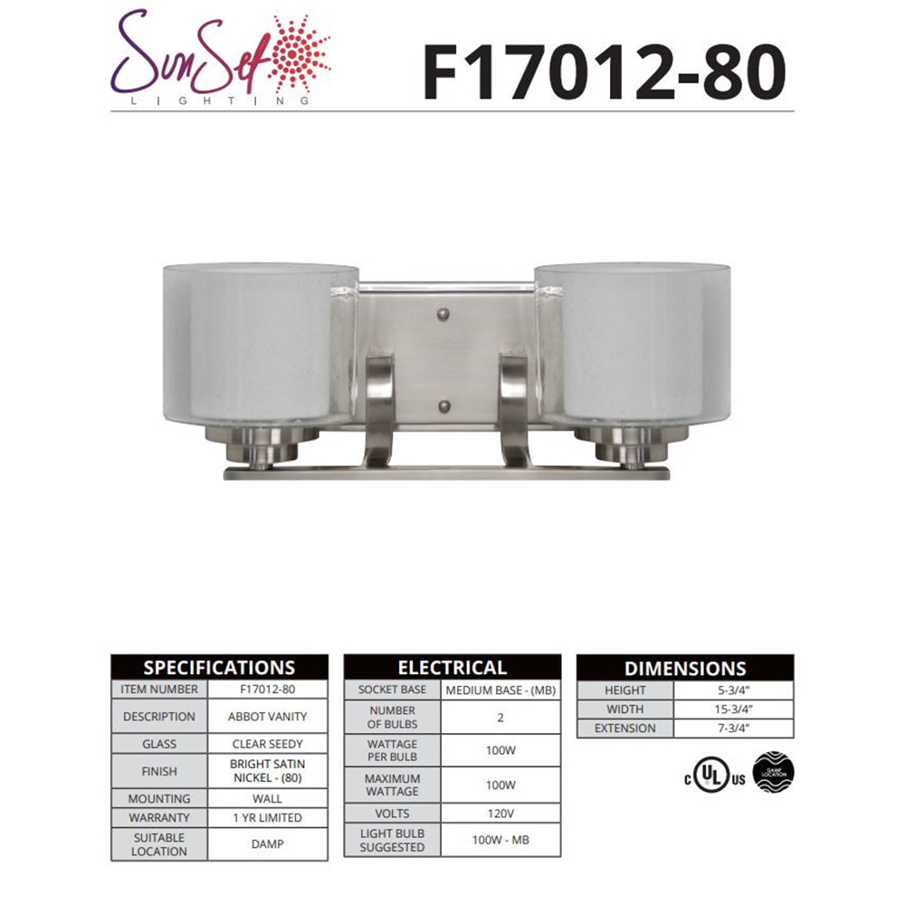 Sunset Lighting Abbot 2-Light Vanity 100W Frosted Opal Glass, Dimmable Bright Satin Nickel Finish F17012-80