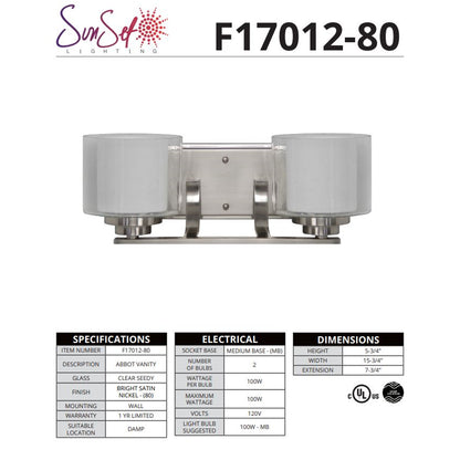 Sunset Lighting Abbot 2-Light Vanity 100W Frosted Opal Glass, Dimmable Bright Satin Nickel Finish F17012-80