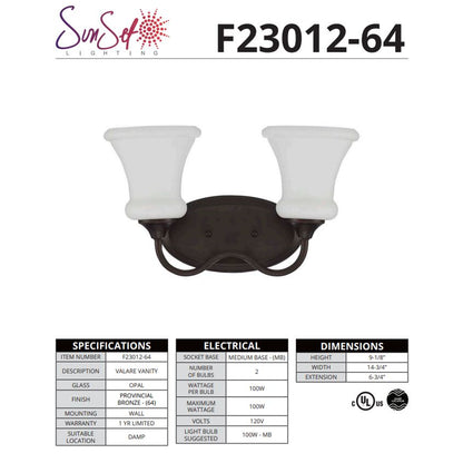 Sunset Valare 2-Light 100W MB Vanity Provincial Bronze F23012-64