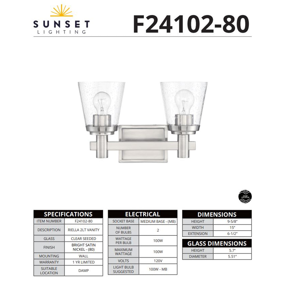 Sunset 2-Light Vanity Cone Shaped Clear Seeded Glass Shades Bright Satin Nickel F24102-80