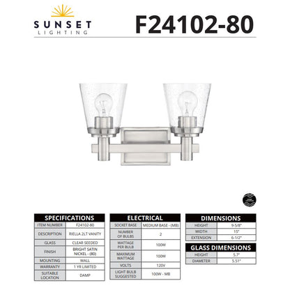 Sunset 2-Light Vanity Cone Shaped Clear Seeded Glass Shades Bright Satin Nickel F24102-80