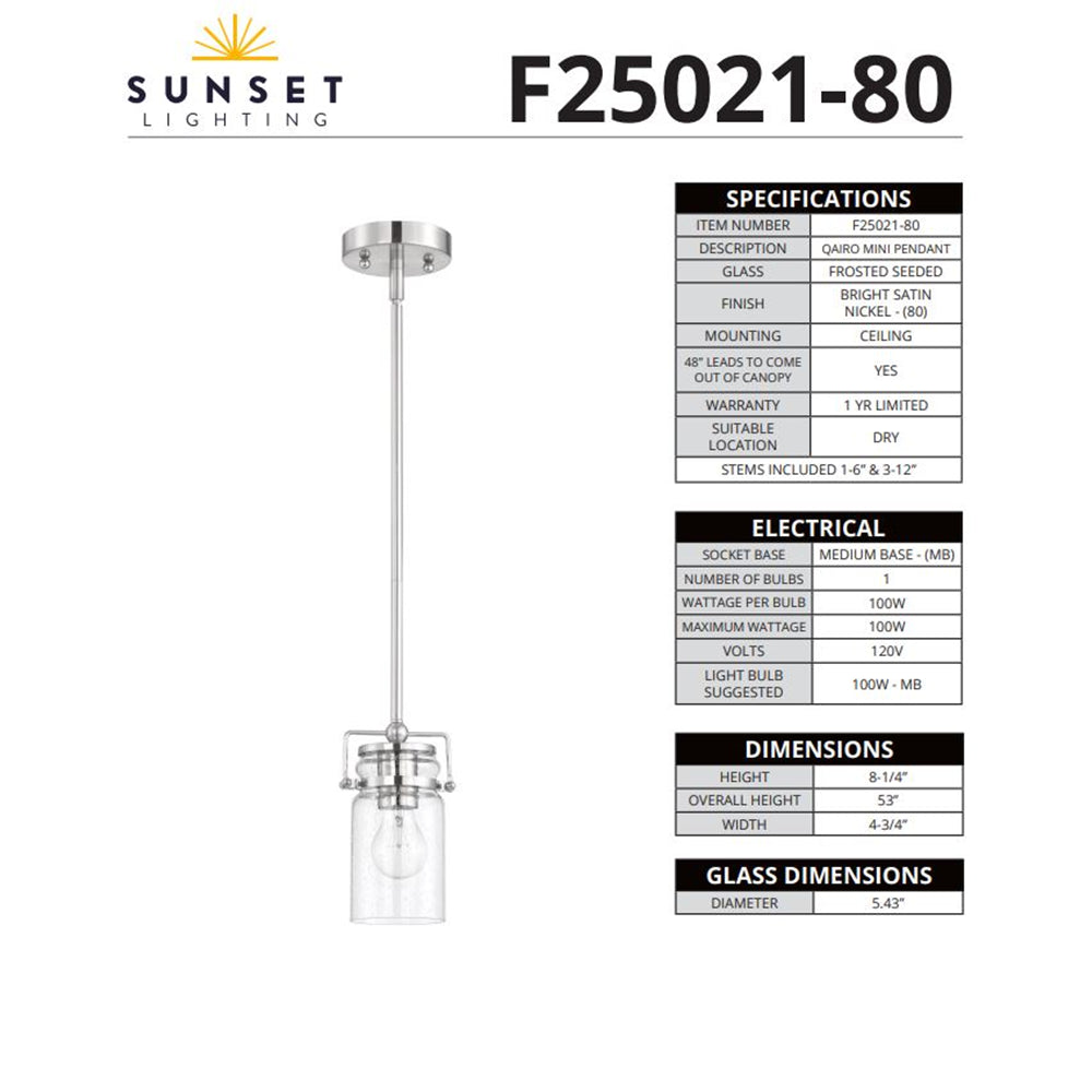 Sunset Lighting Qairo 1-Light Mb Mini Pendant with Clear Seeded Glass F25021-80