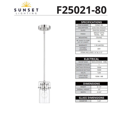 Sunset Lighting Qairo 1-Light Mb Mini Pendant with Clear Seeded Glass F25021-80