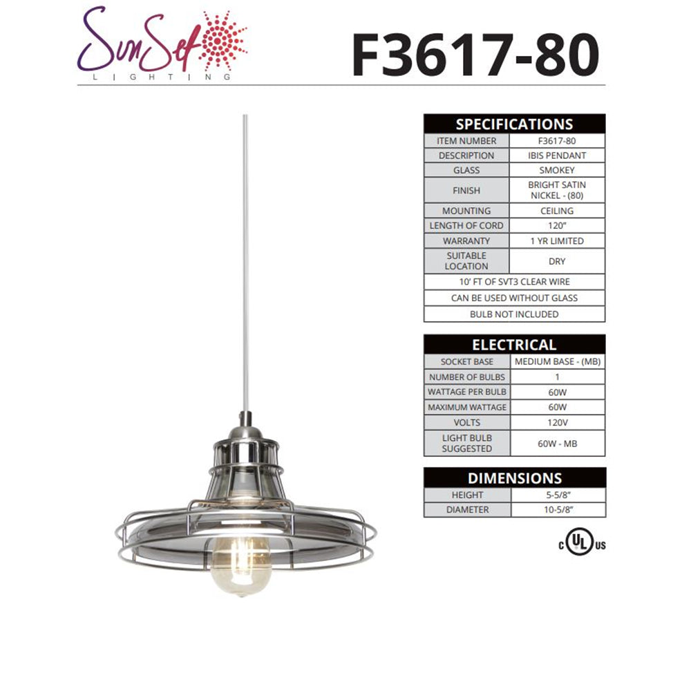 Sunset Lighting 1-Light Pendant 60W Bright Satin Nickel Ibis Smokey Glass F3617-80