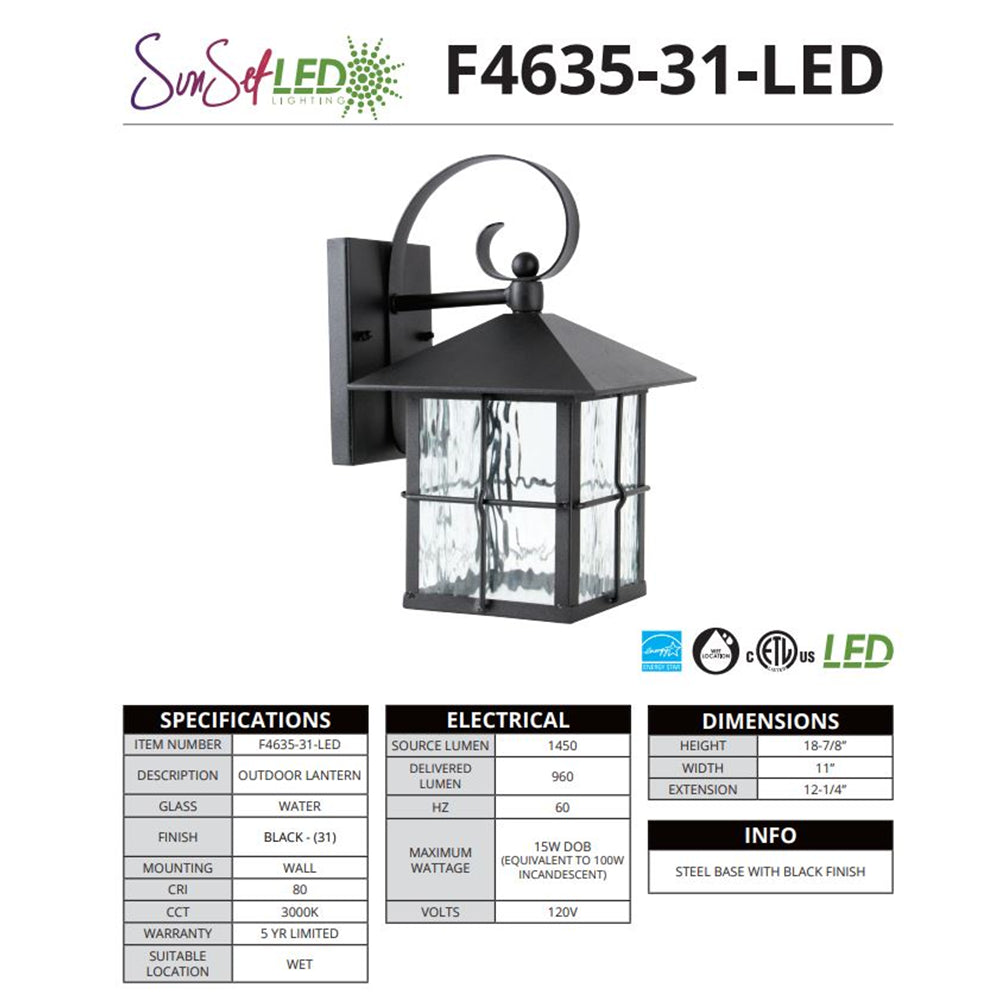 Sunset Black F4635-31-LED Outdoor Lantern Wall Light-Suitable for Wet Locations Finish 15W