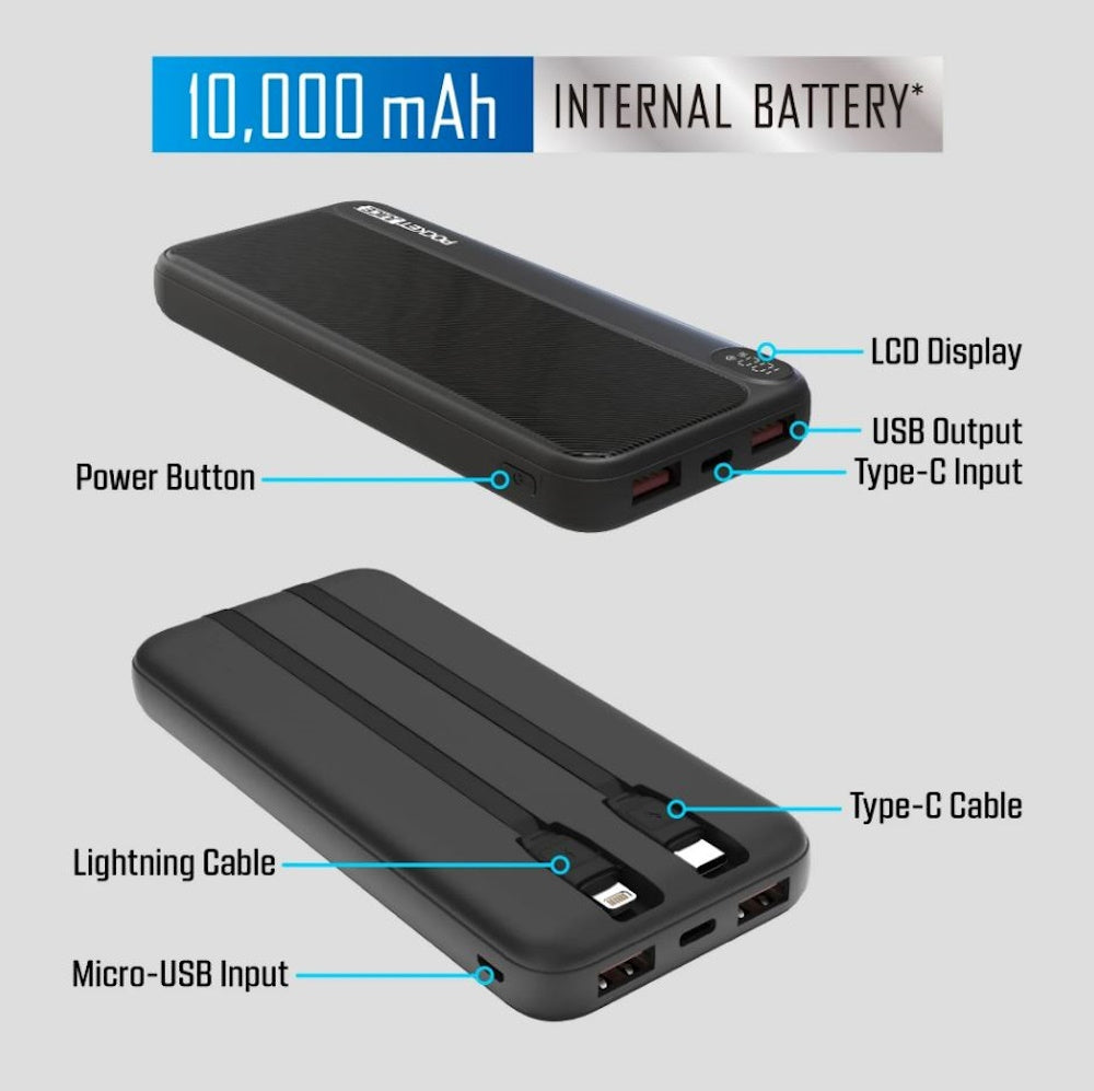 Pocket Juice Endurance 10K Portable 10000 mah Power Bank and Charger with USB-C and Lightning Cables 9009-2