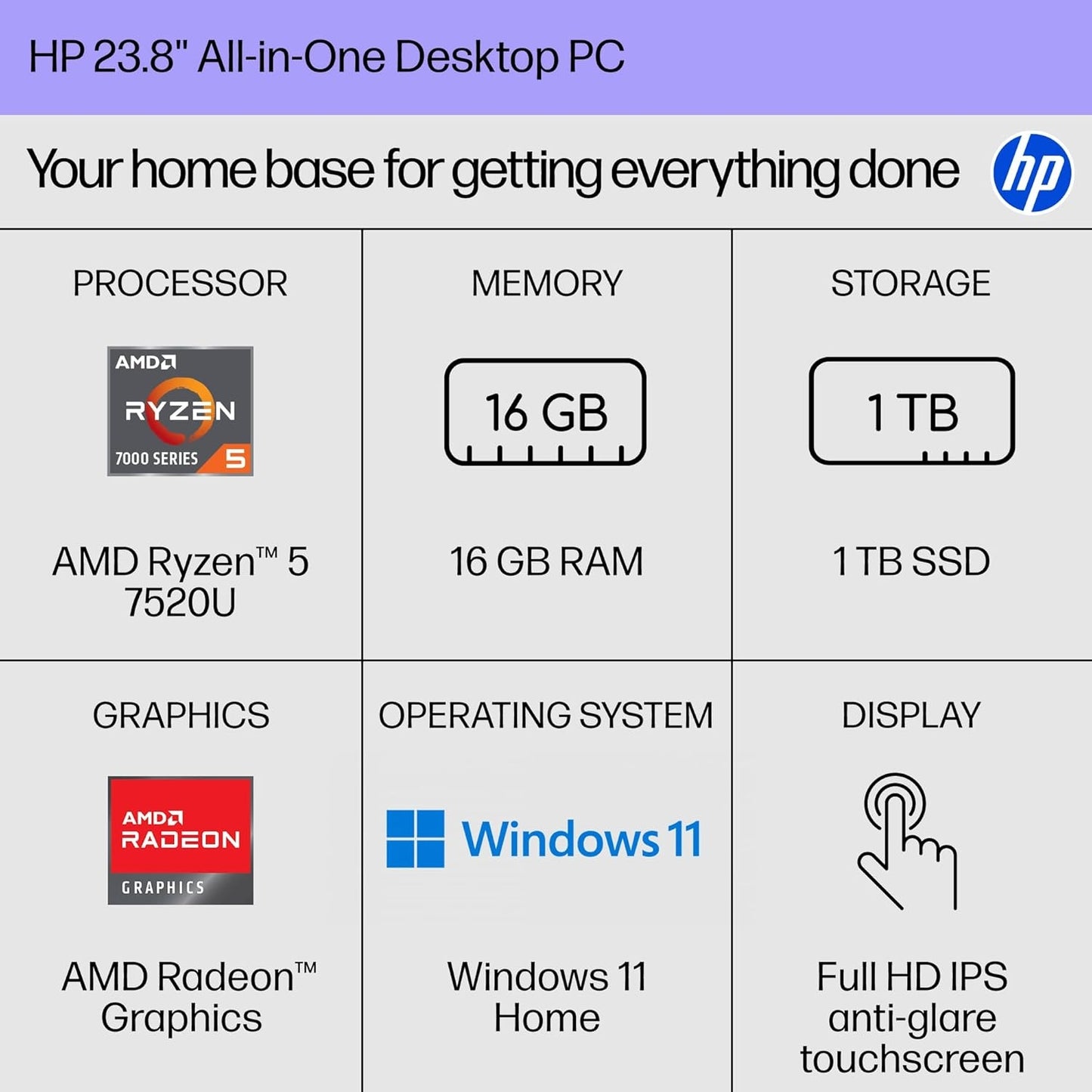 HP 23.8 inch Touch All-in-One Desktop PC AMD Ryzen 5 7520U 16GB 1TB SSD, Win 11 Home Jet Black B88DDAA#ABA