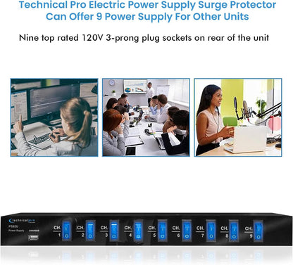Technical Pro Power Supply Strip, 9 Power Outlet with Switches | 5V USB Charging Port, 1800 Watts, 4 Ft TPS9TU